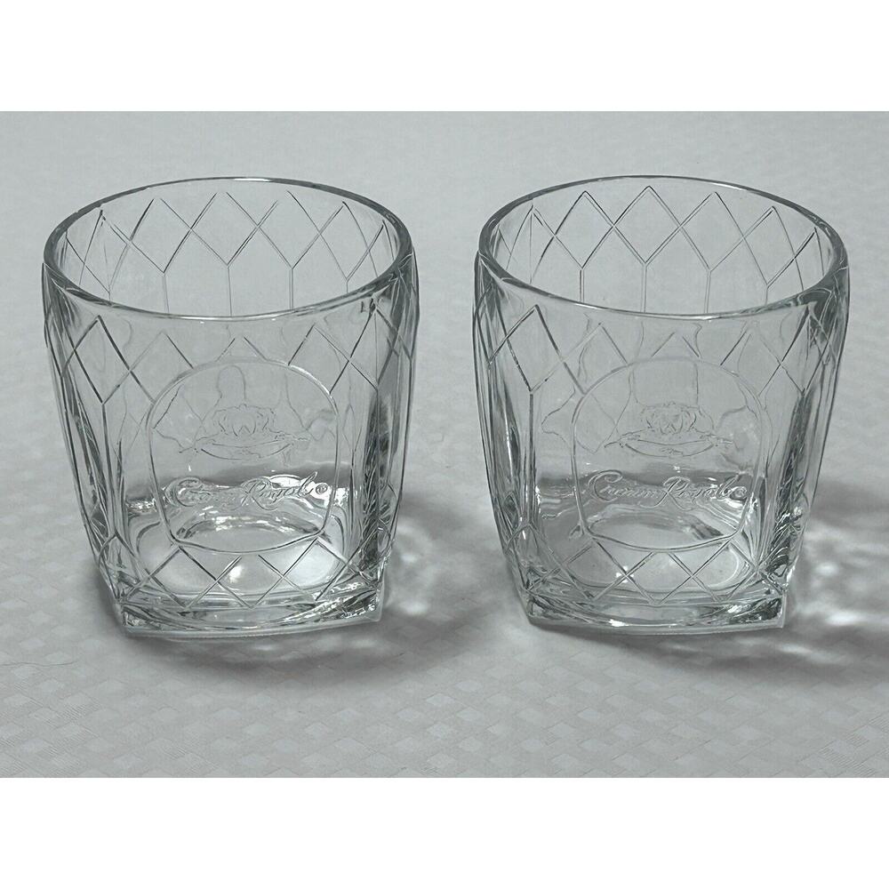 2 CROWN ROYAL Whiskey Cathedral Clear‎ Embossed Square Base Rocks Bar Glasses